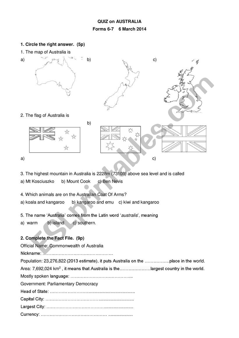 Australia quiz worksheet