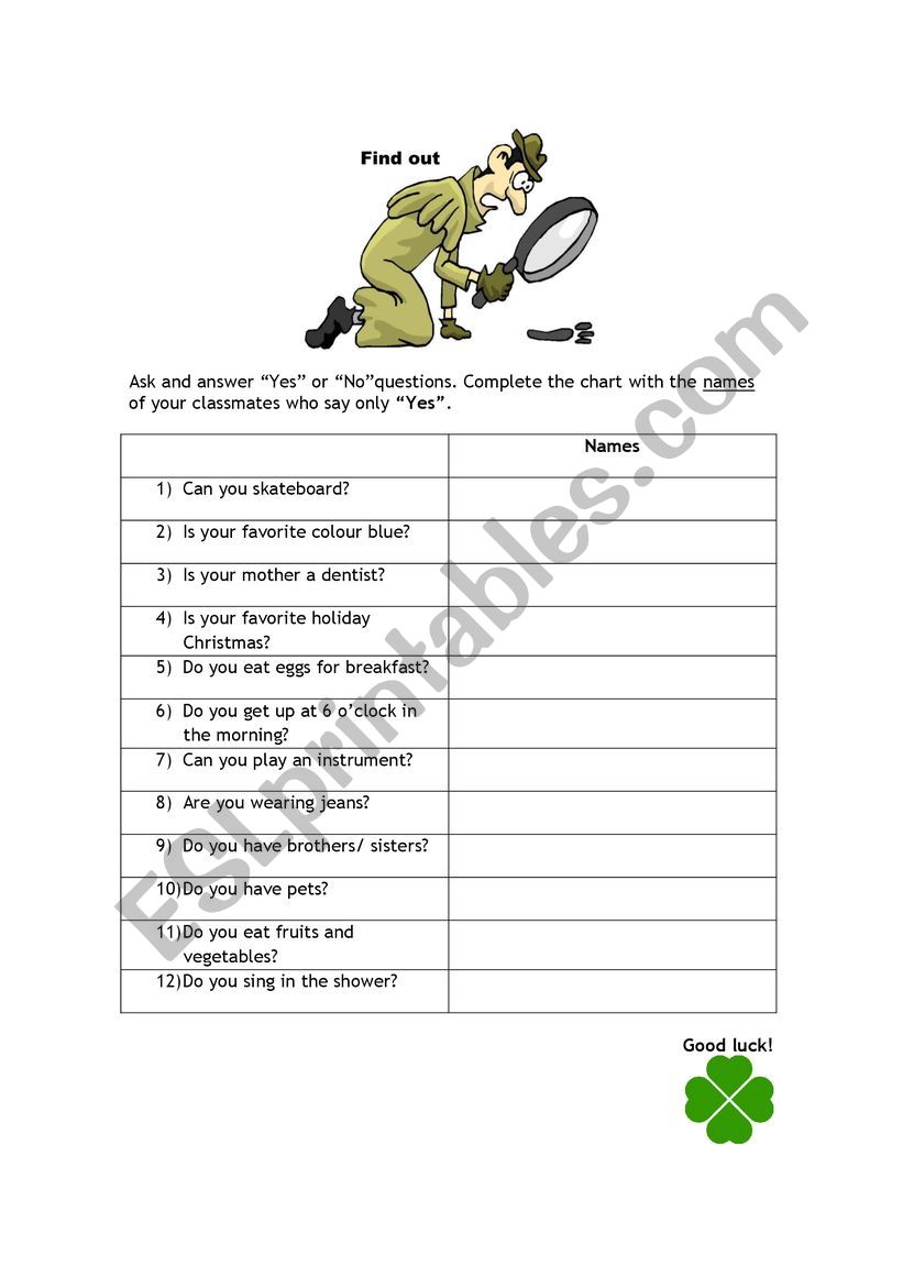 Yes and No questions worksheet