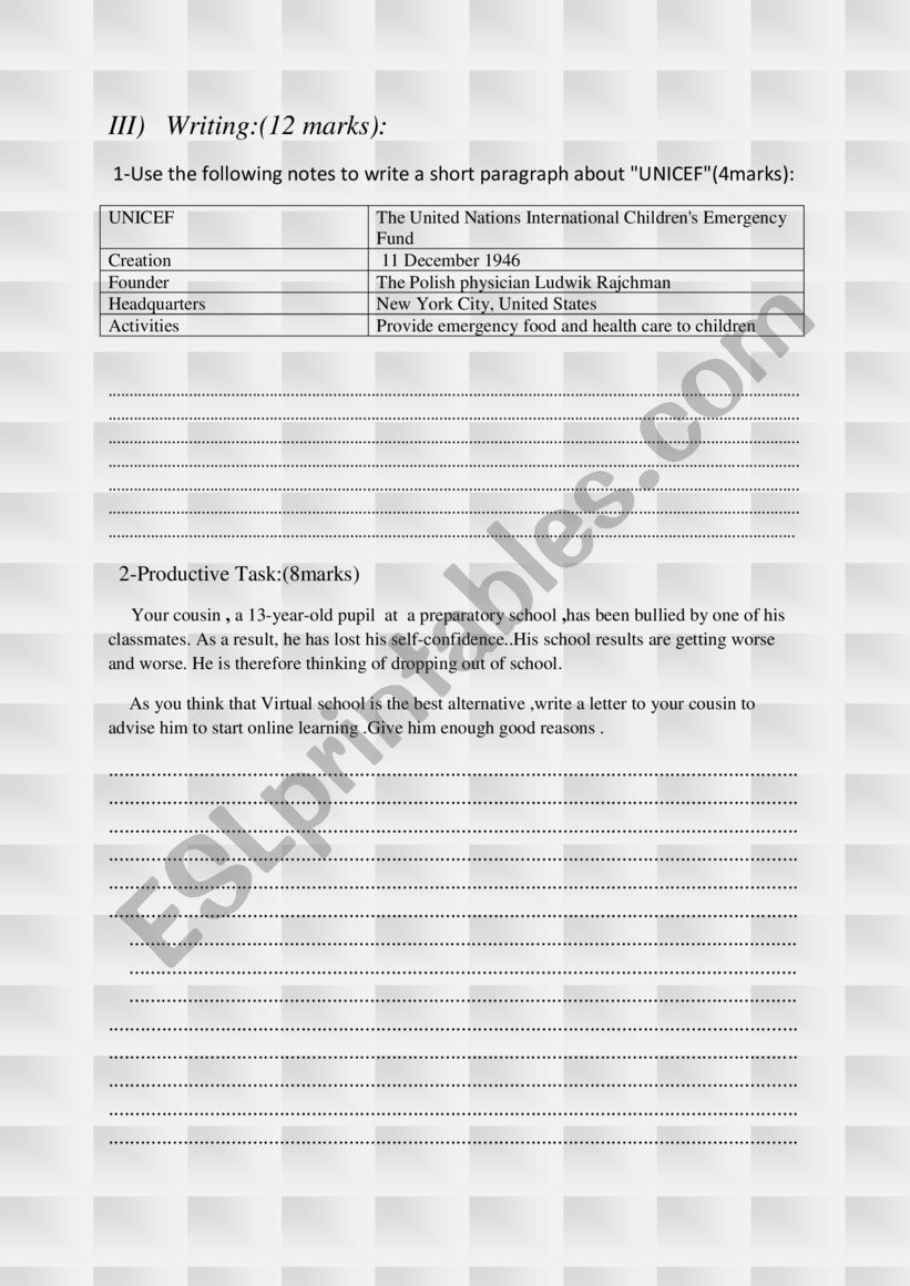 Writing exam for 4th formers in The End Of Term N2