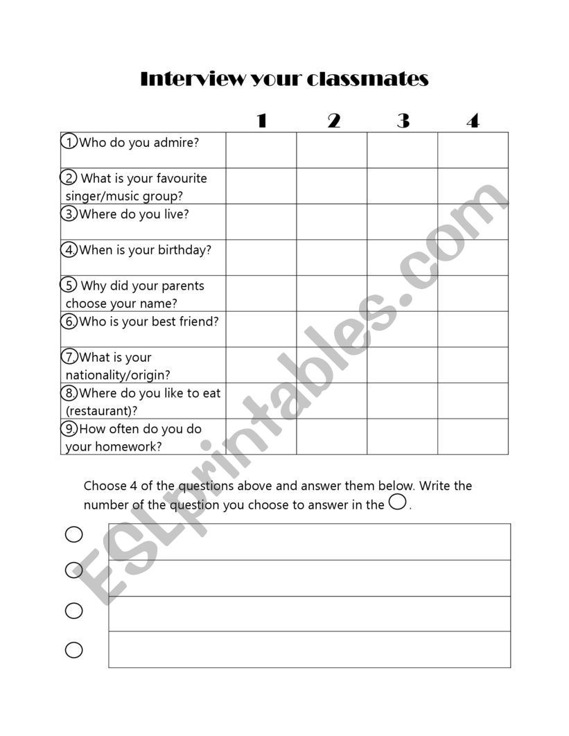 Interview your classmate worksheet