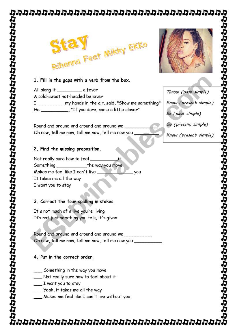 Song-STAY (by Rihanna) worksheet