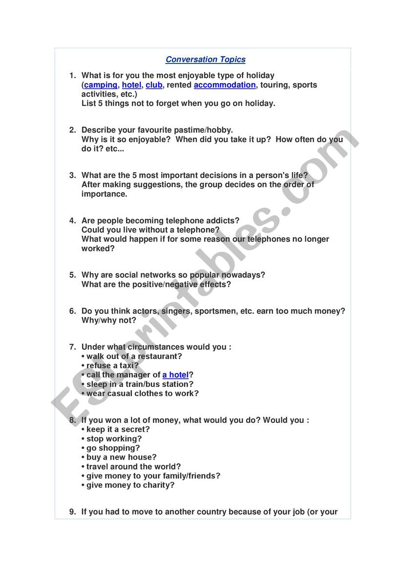 Conversation topics worksheet