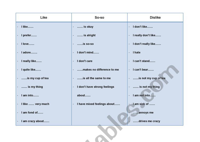 Other ways of expressing likes and dislikes