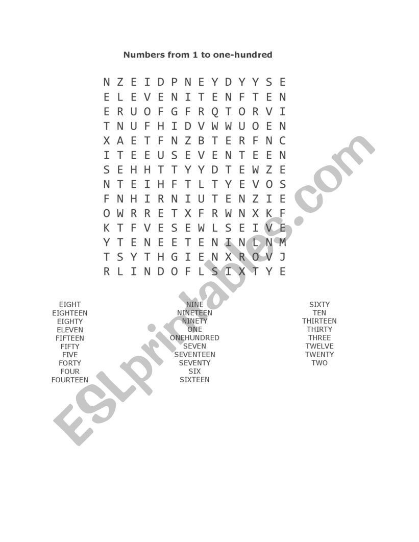 Numbers word search 0ne to One-hundred