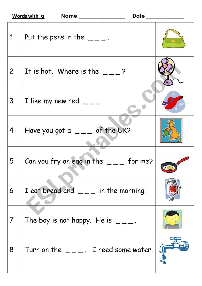 CVC words short a worksheet