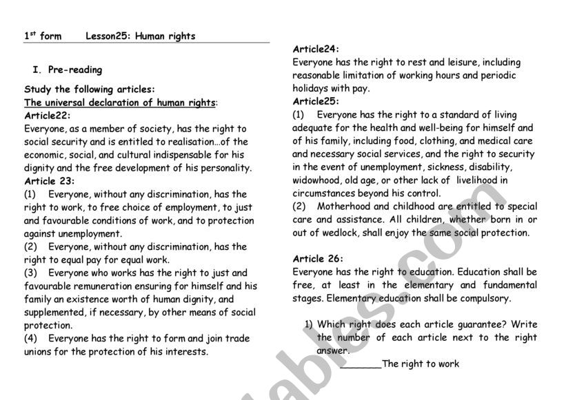 lesson 25 Human RIGHTS - ESL worksheet by sameh chadely