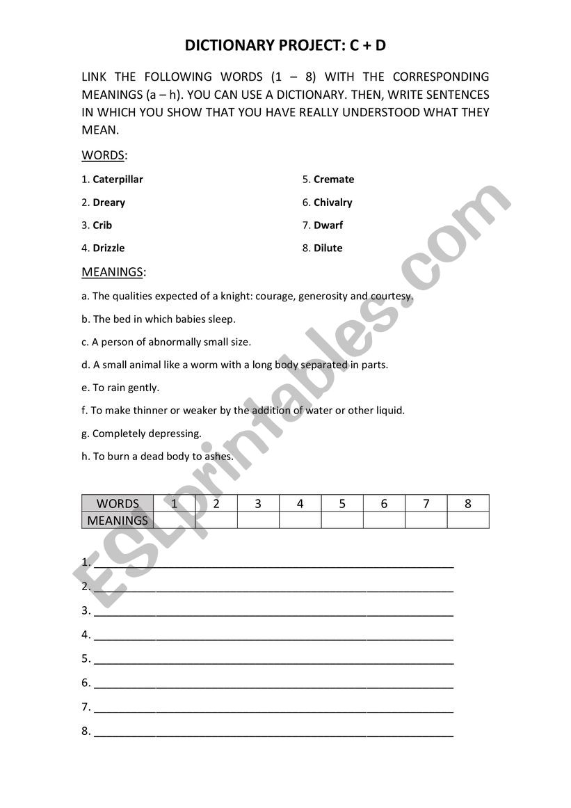 Words beginning with C and D worksheet