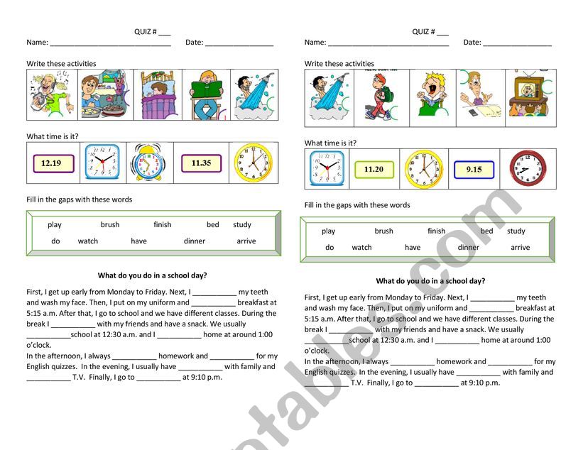 Time and Routine Quiz worksheet