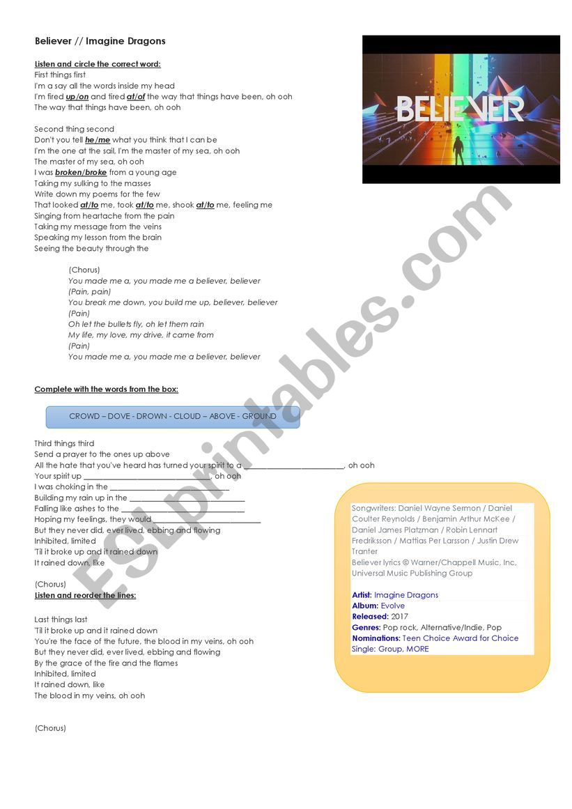 Song Believer Imagine Dragons Esl Worksheet By Ana Vidal Rabassa