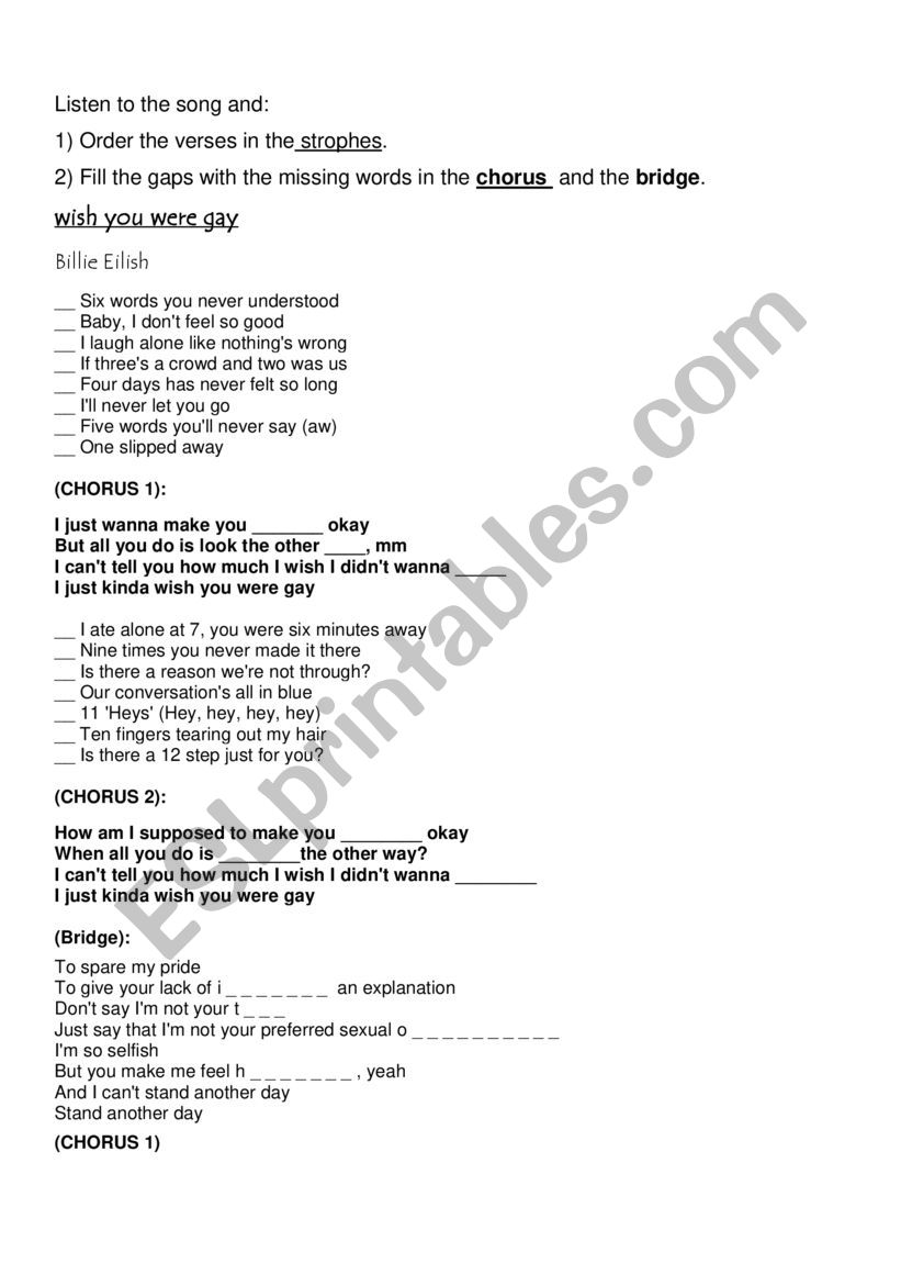 Wish you were gay - Song Worksheet