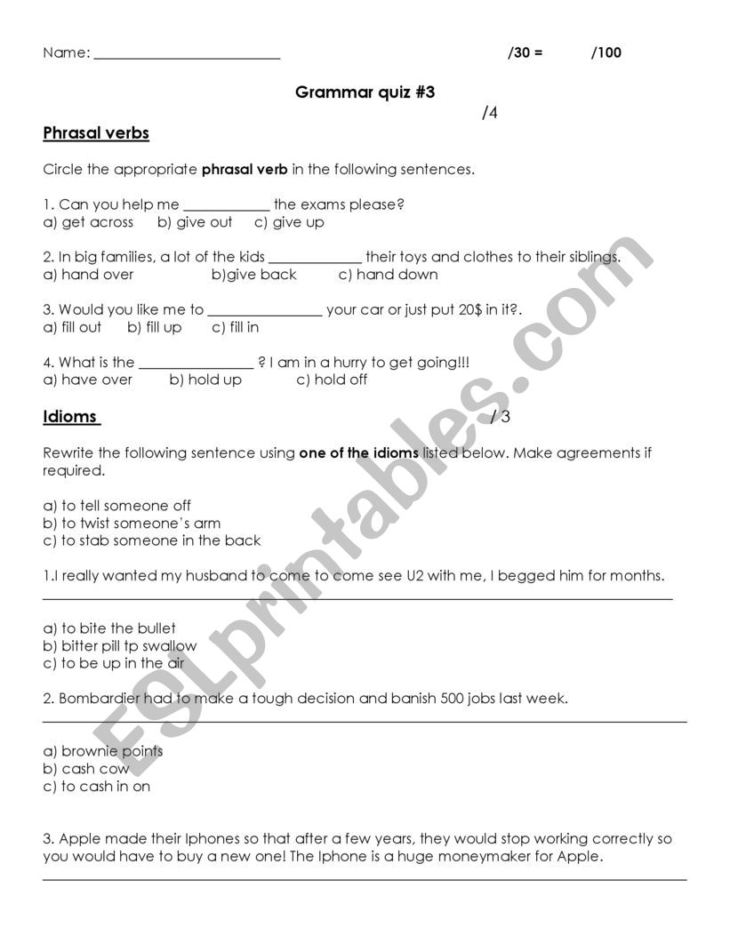 Grammar quiz on IDIOMS worksheet