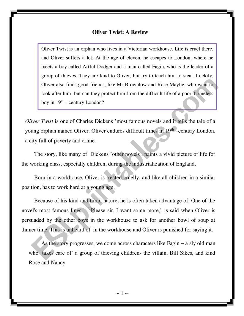 Oliver Twist: A Review worksheet