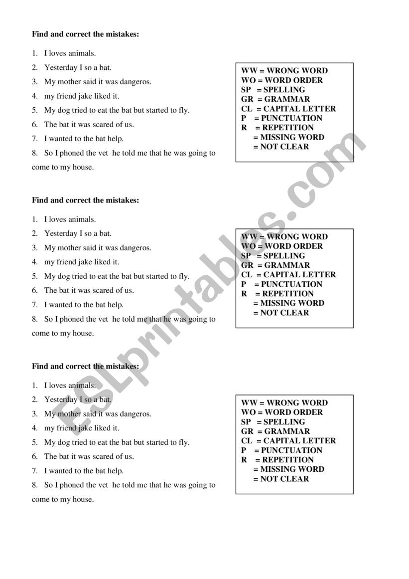 Correction Code activity worksheet