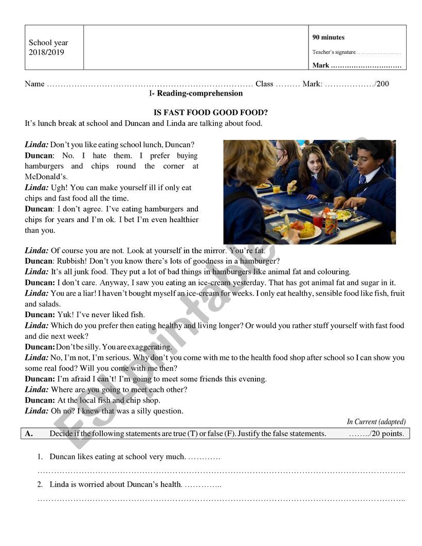 healthy or unhealthy food? worksheet