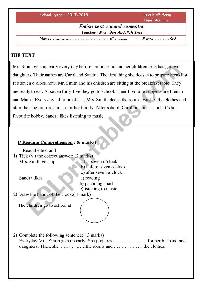 6th form test worksheet