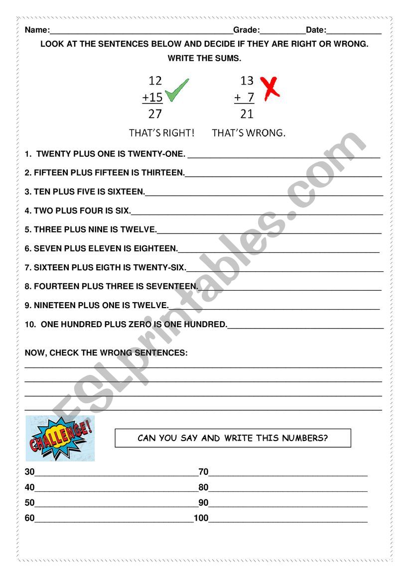 Numbers and math worksheet