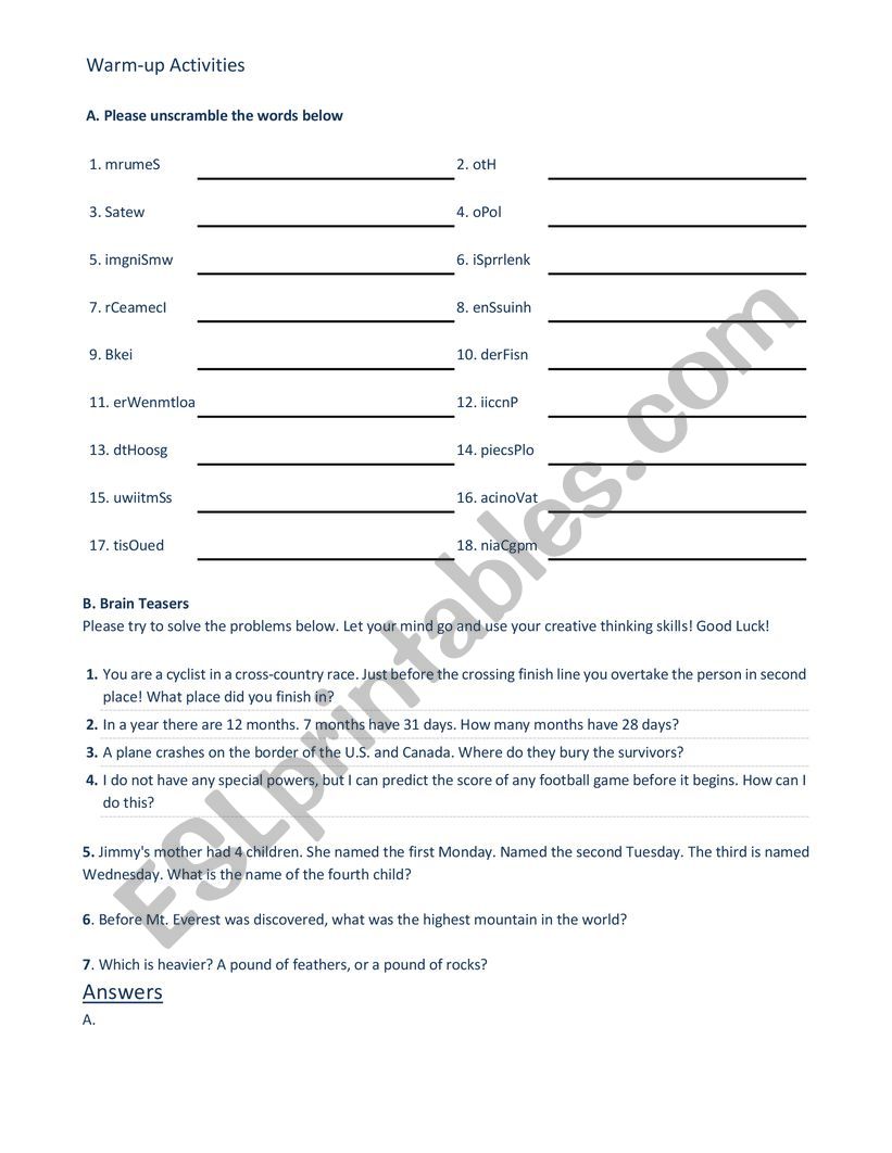 Warm up Activities worksheet