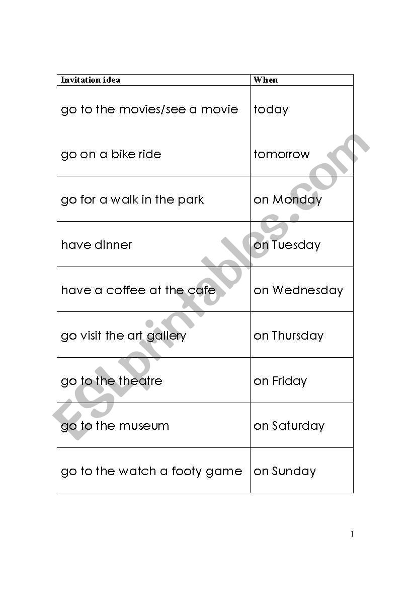 Invitation / date flash-cards worksheet