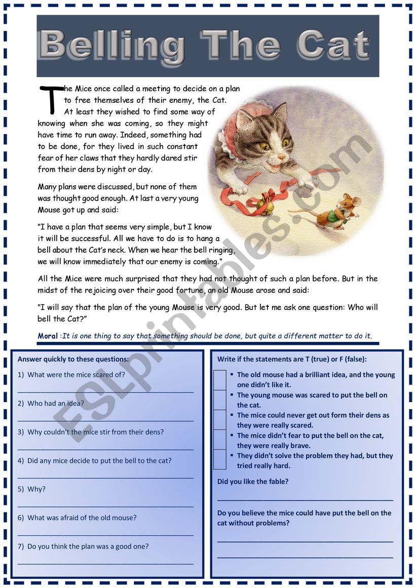 "BELLING THE CAT" AESOP´S FABLE ESL worksheet by Aisha77