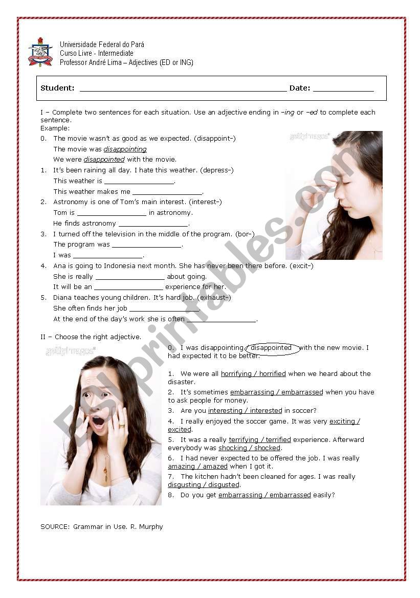 ADJECTIVES - Ed or ING worksheet