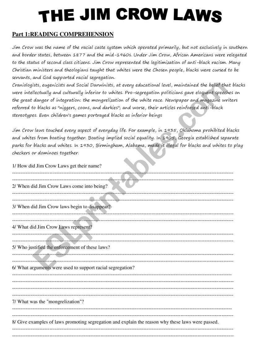 The Jim Crow Laws worksheet