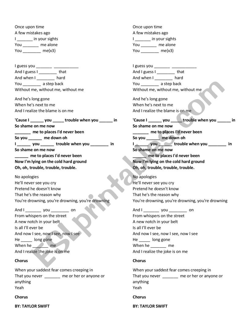 knew you were trouble song worksheet