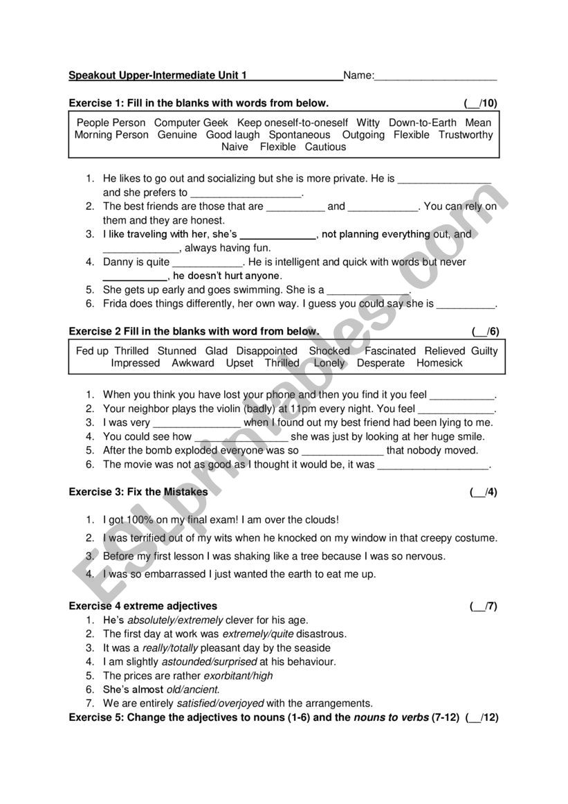 Unit 1 Quiz for Upper Intermediate (SpeakOut)