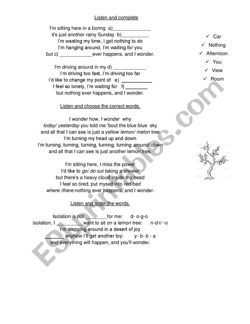 Lemon tree song worksheet