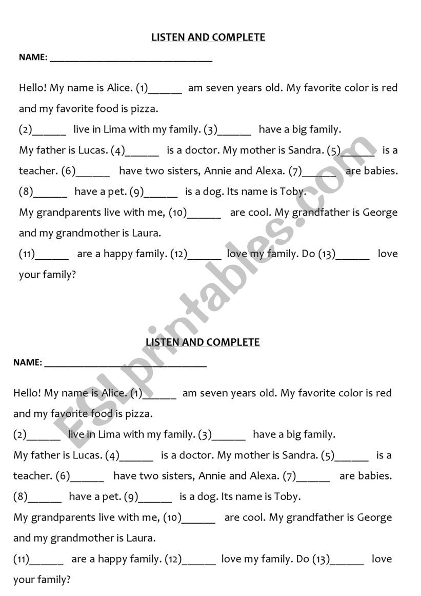 Personal Pronouns Listening Activity