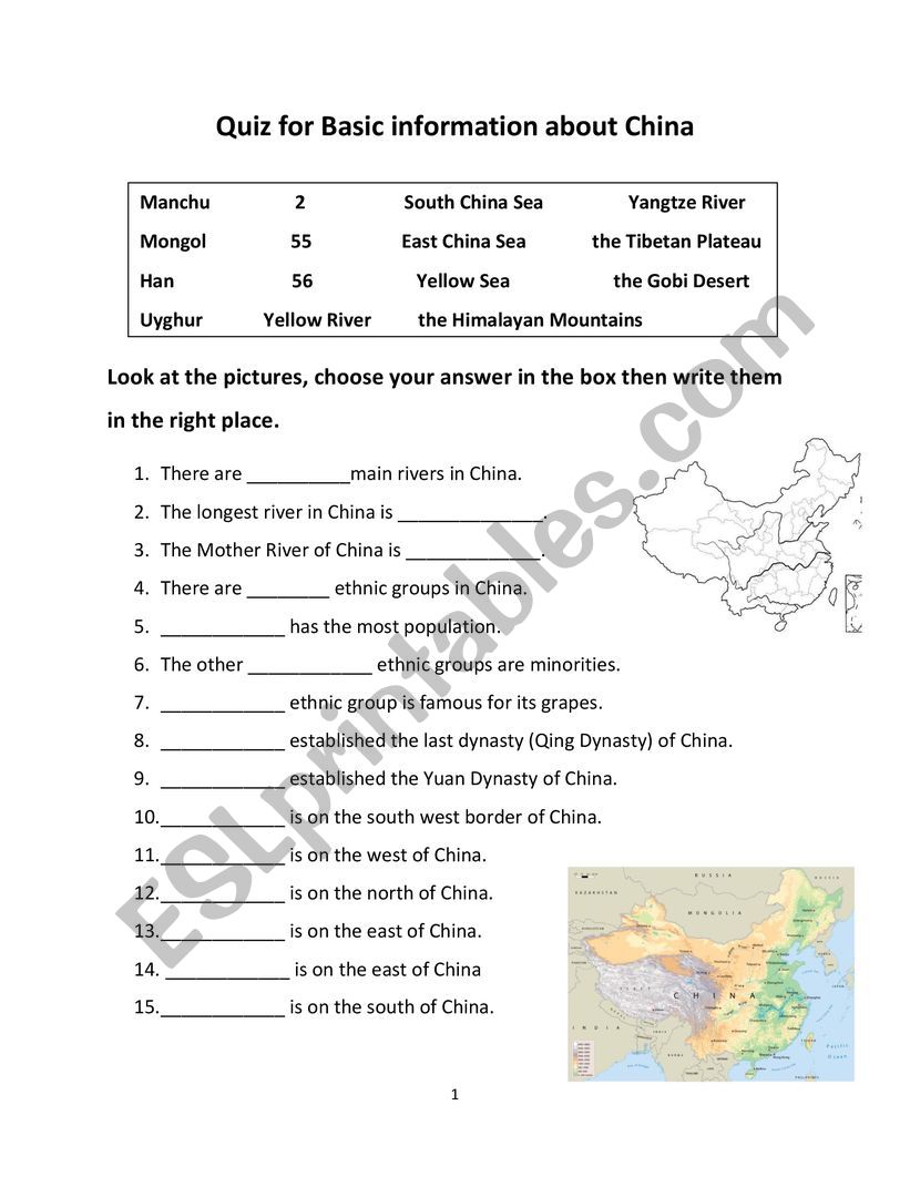 Basic information about China worksheet