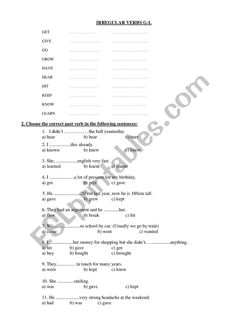 Irregular verbs practice Part 3 (letters G-L)