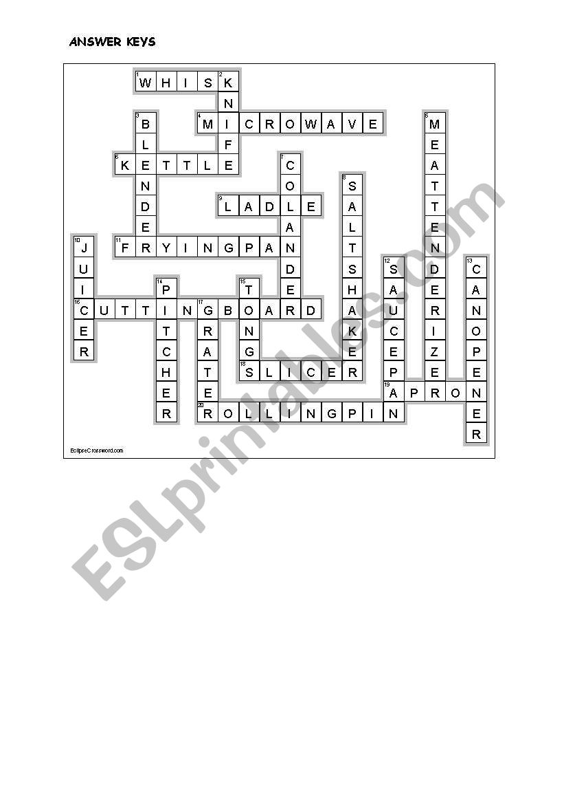 Kitchen Utensils Crossword Esl