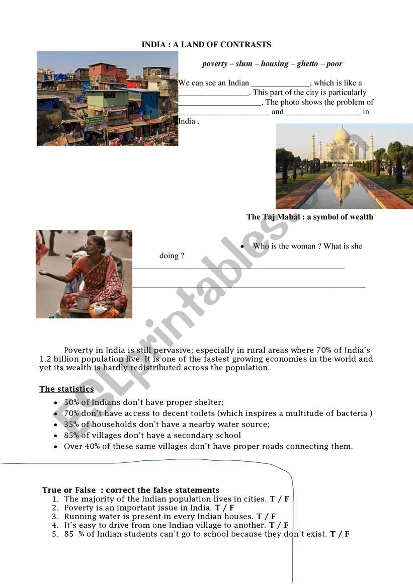 India : a land of contrasts  worksheet