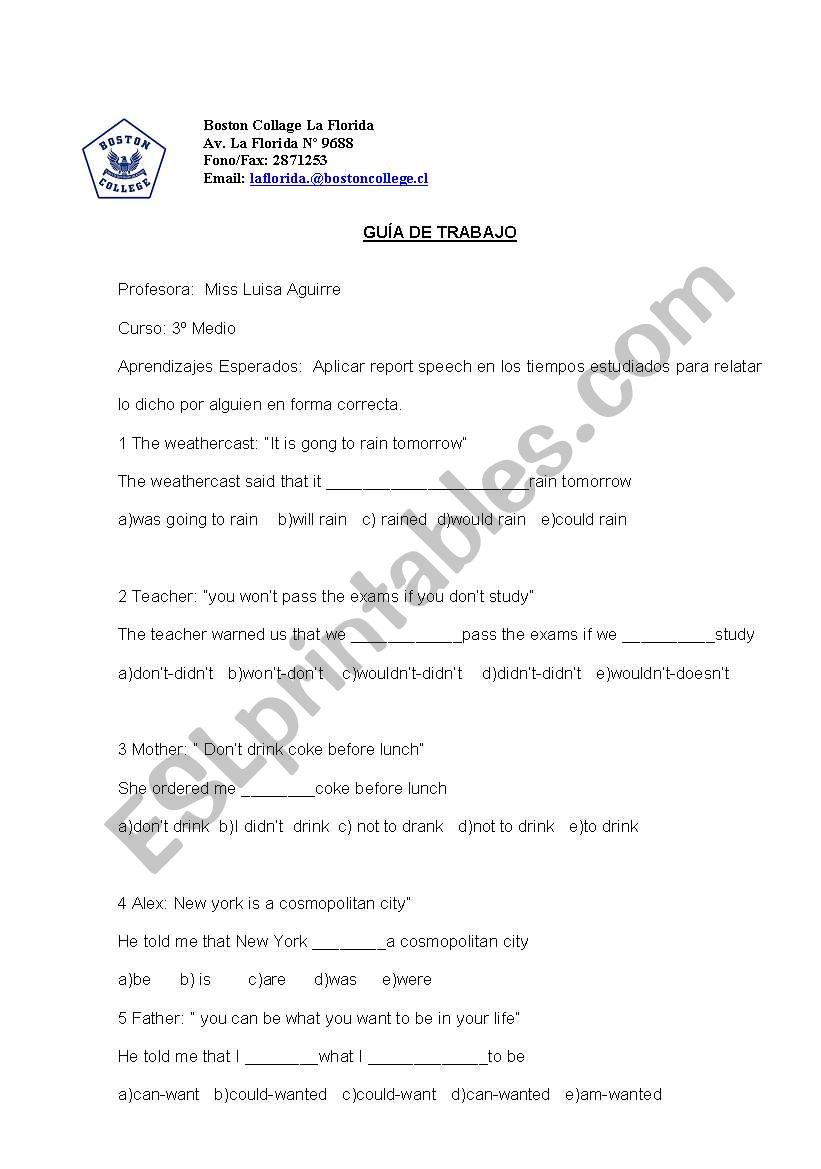 report speech worksheet