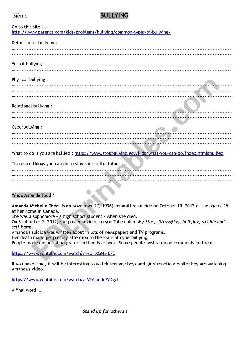 Webquest Bullying worksheet