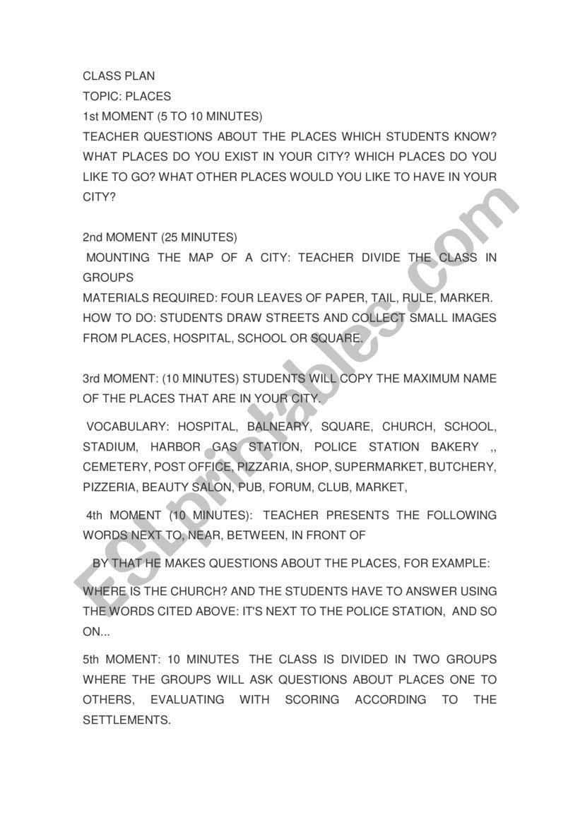 CLASS PLAN PLACES worksheet