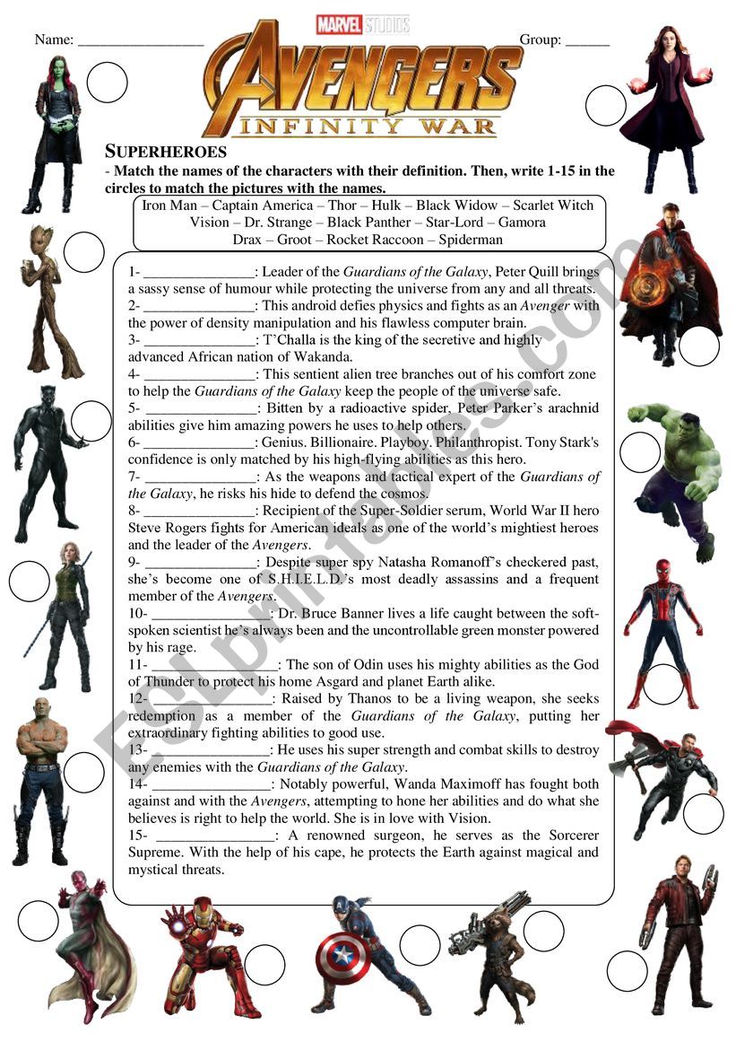 Avengers - Infinity War worksheet