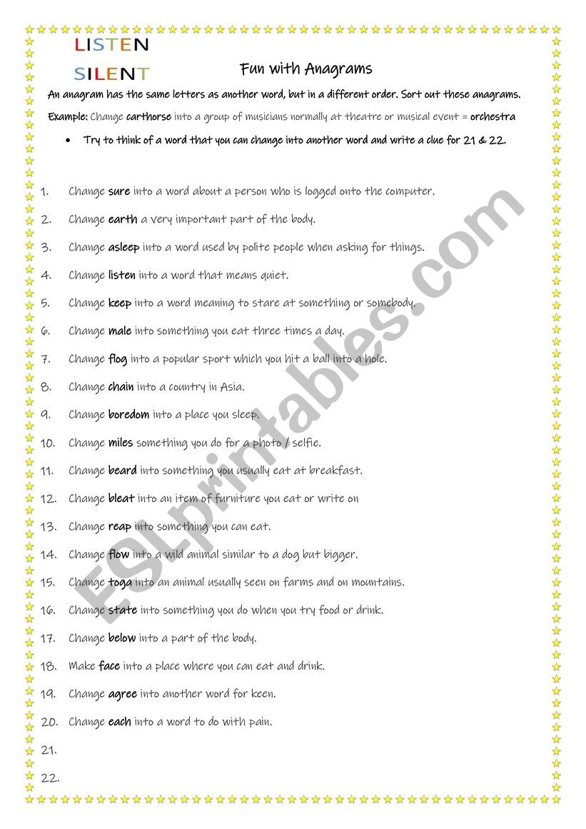 Anagrams Esl Worksheet By Anthoni