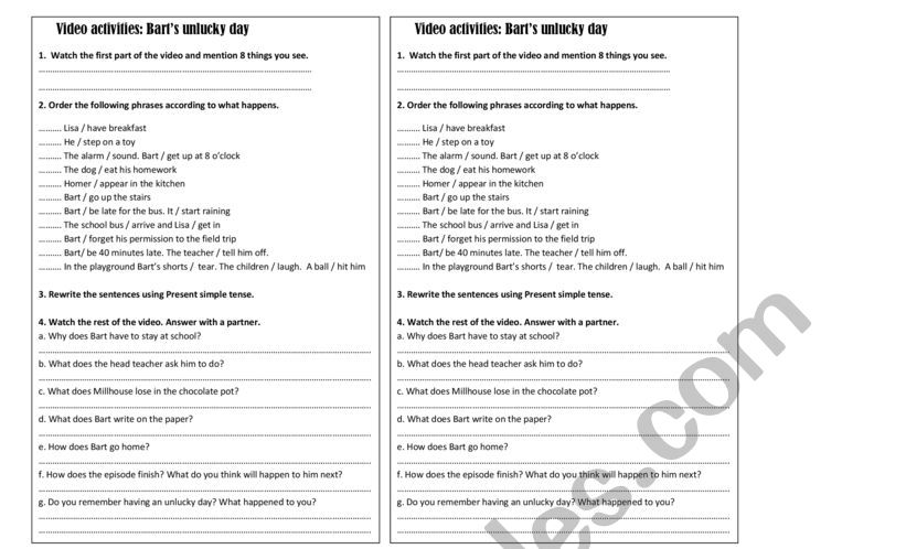 Barts day worksheet