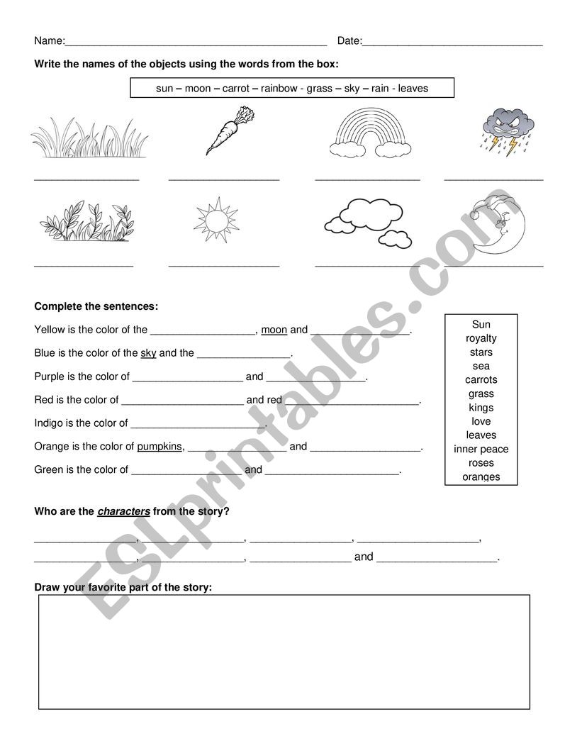 The legend of the colors of the rainbow worksheet