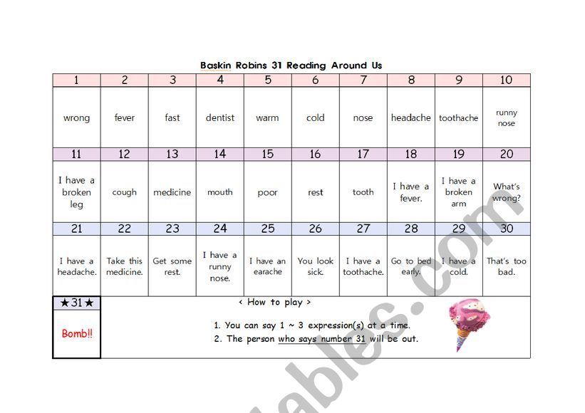 Sickness Baskin Robins 31 worksheet