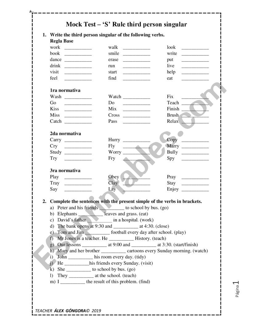 3rd Person Singular Mock/Worksheet