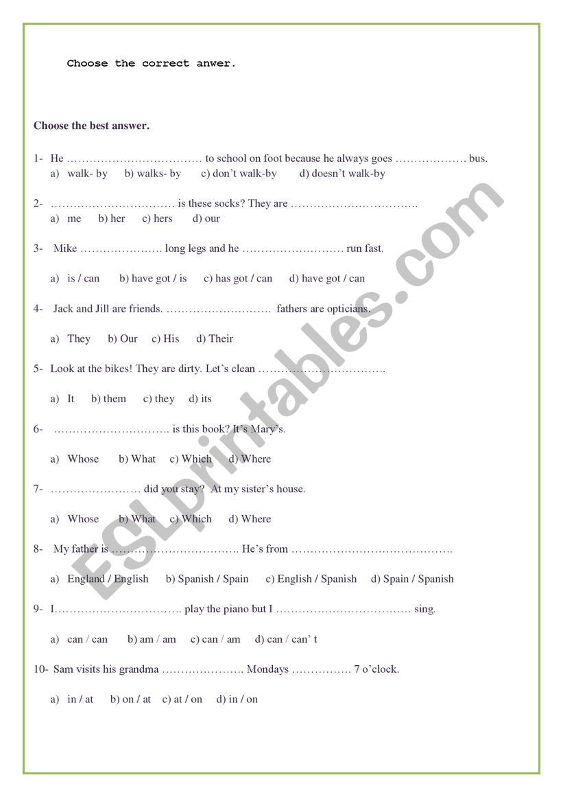 grammar test worksheet