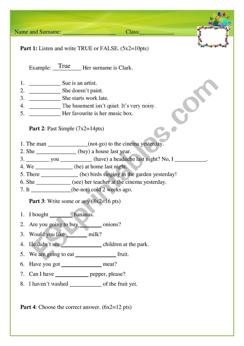 grammar test worksheet