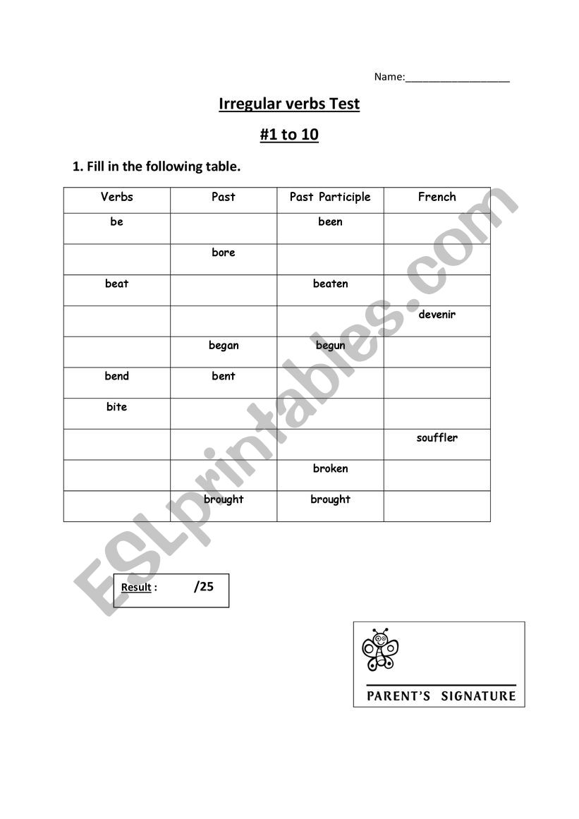 Irregular verbs test #1 to 10 worksheet