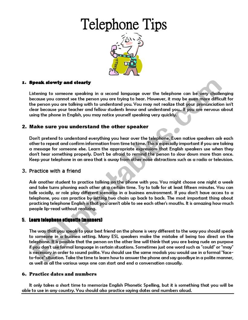 Telephone tips and language worksheet