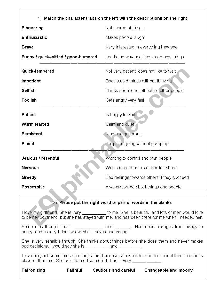 Character traits worksheet worksheet