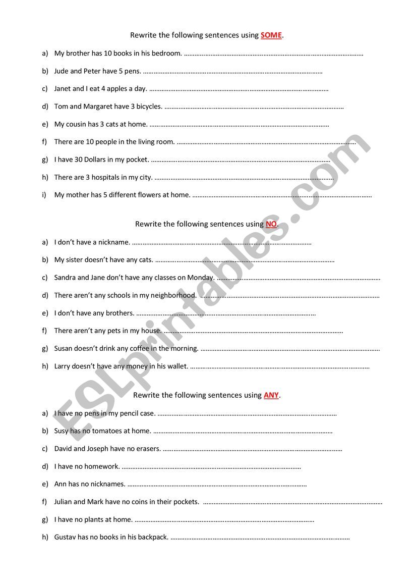 SOME, ANY, NO Worksheet worksheet