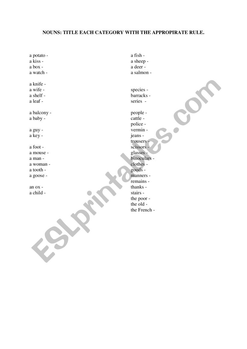 NOUNS - PLURAL worksheet