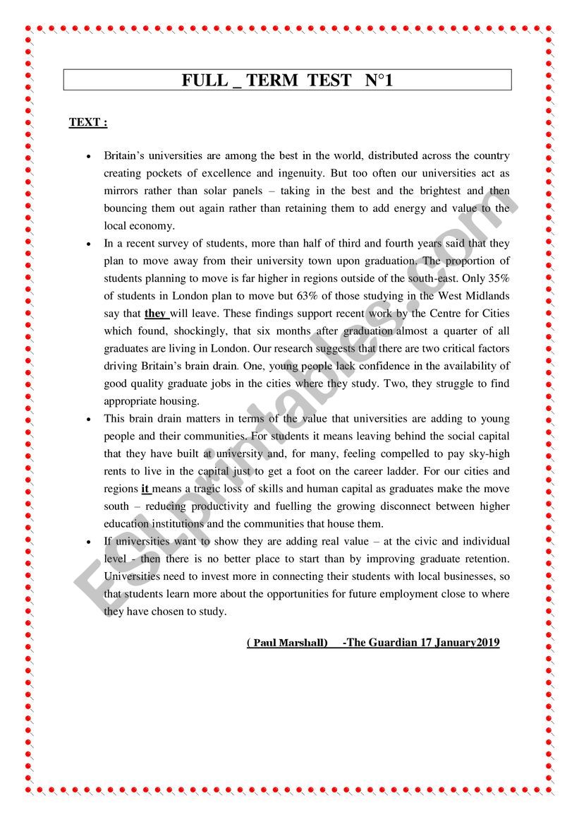 full term test for tunisian bac sts